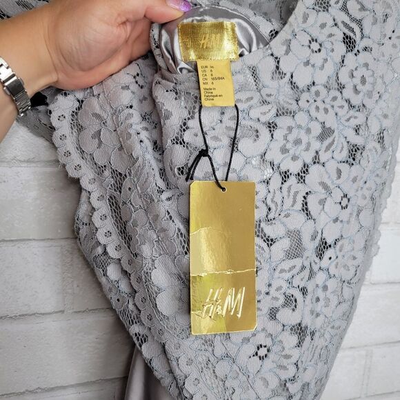 H & M Gray Silver Lace Satin Formal Dress - Picture 5 of 5